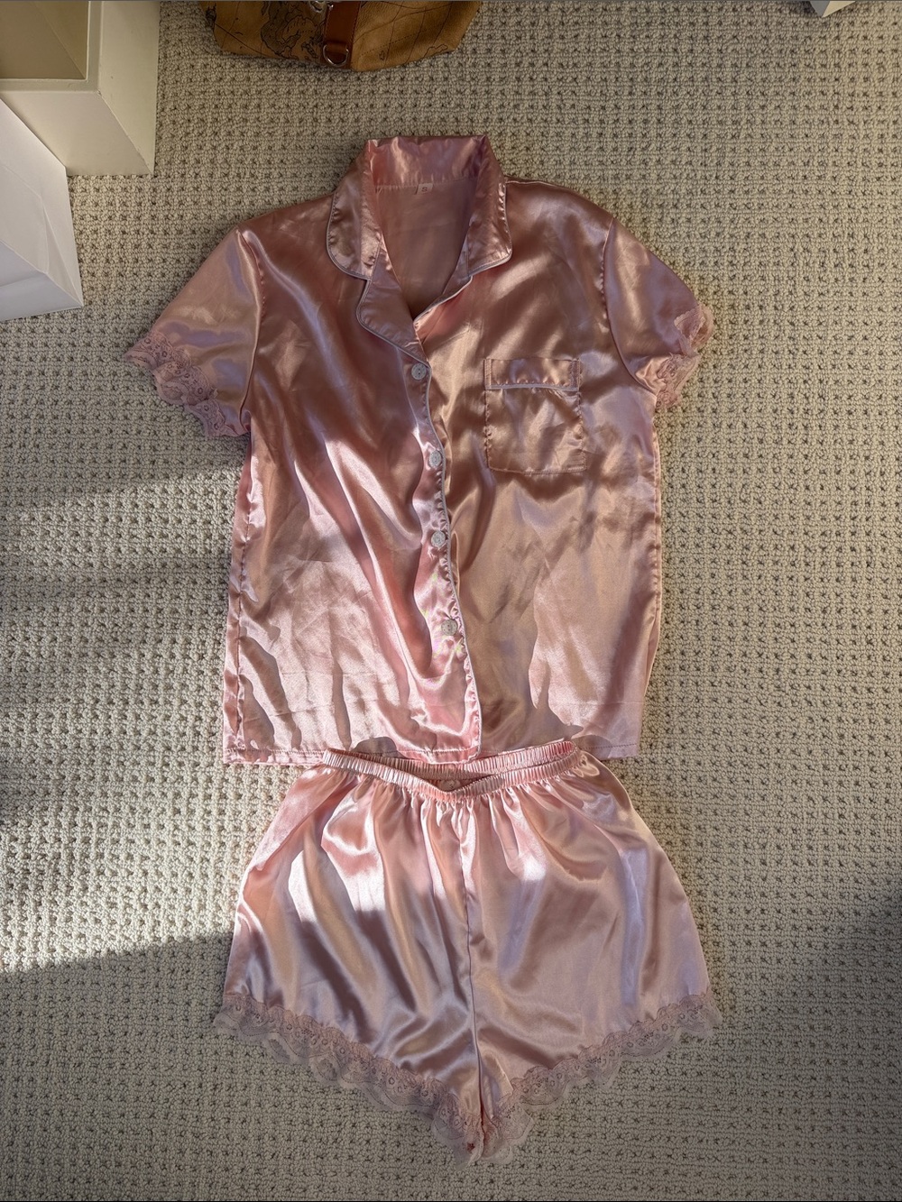 Silky Pink Short Sleeve Satin Pajama Set with Lace Trim